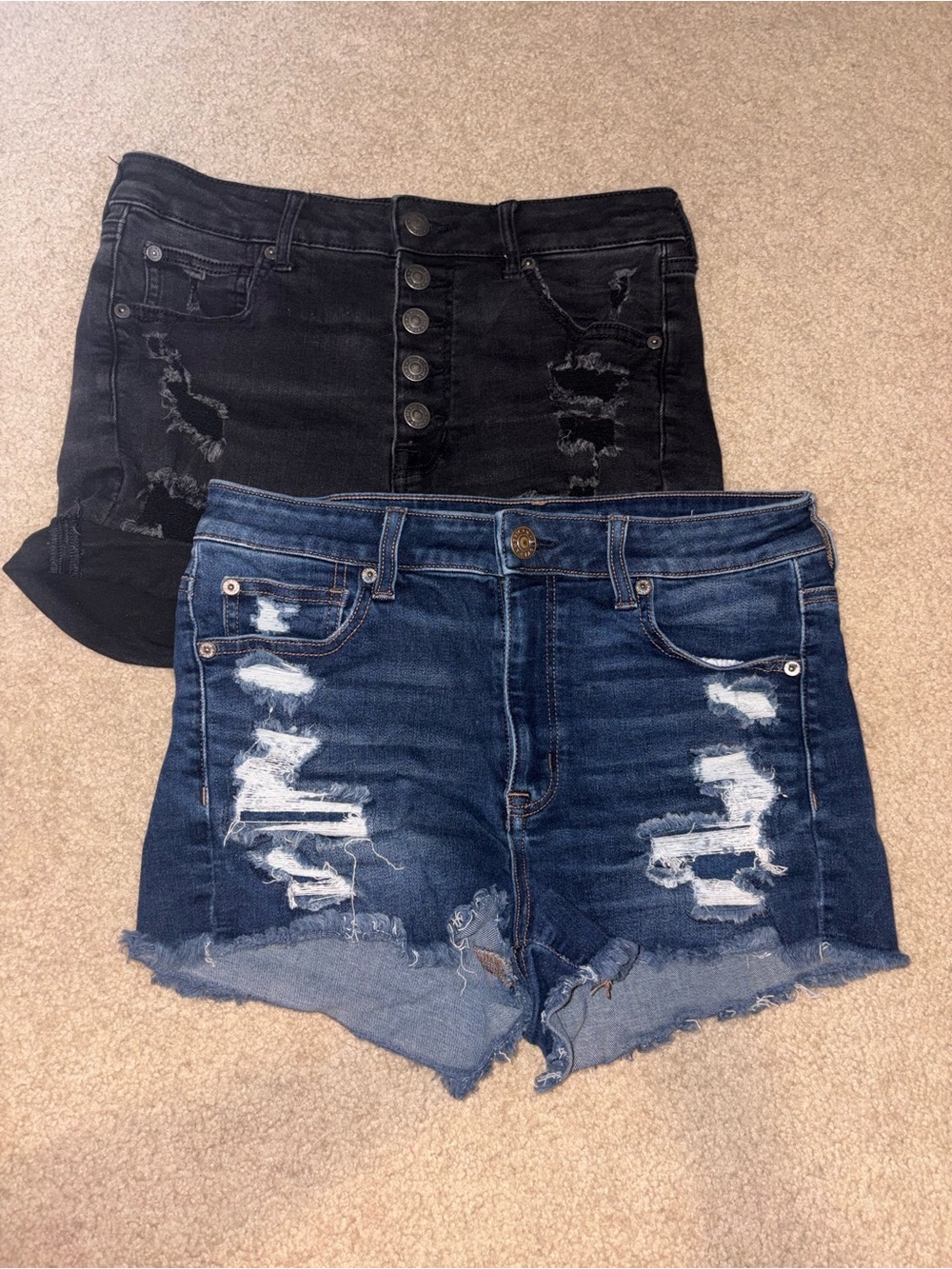 American Eagle Outfitters Distressed Black and Dark Blue Denim Shorts Duo